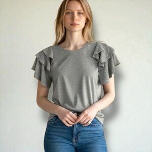 English Factory | Ruffled‎ Shoulder Mixed Media Gray Tee Size Small